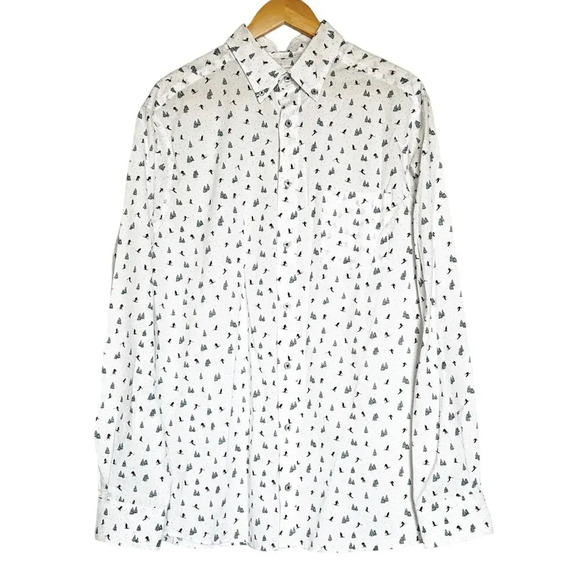 ROWM Men's Button-Down Long Sleeve Cotton White w All Over Ski Pattern Size L/T - Picture 1 of 6